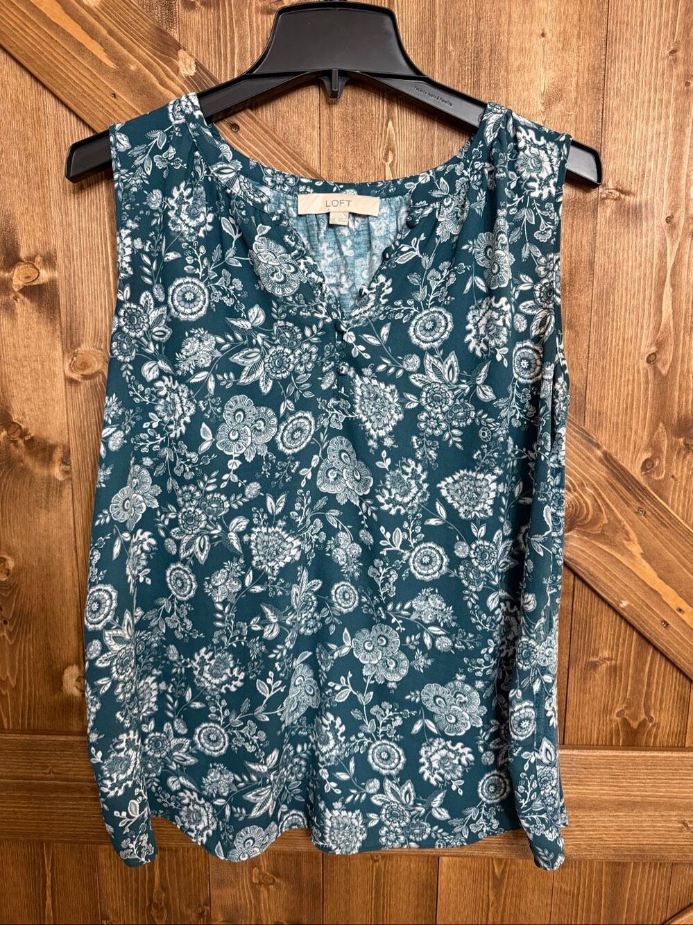LOFT Women’s Medium Teal White Floral Paisley Sleeveless Split Neck Blouse(9354)